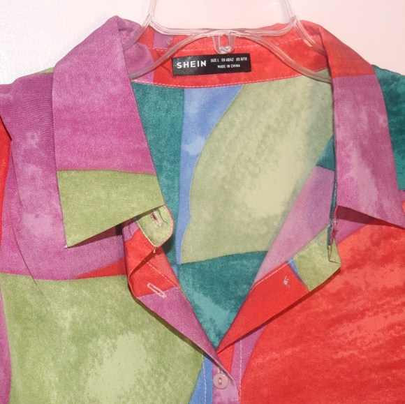 Drawstring Hem Button Up Colorblock Blouse - Picture 4 of 7
